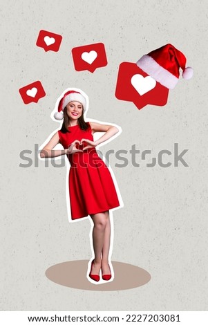 Vertical creative picture of pretty girl wear red dress hands showing heart gesture x-mas noel like notifications instagram twitter facebook