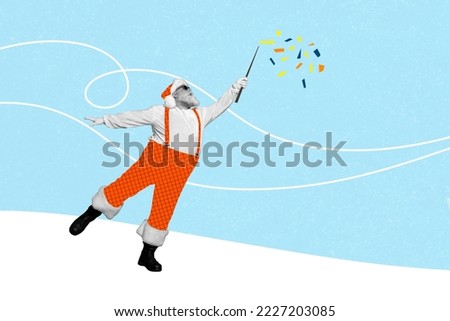 Creative collage image of funky grandfather santa black white effect hand hold magic wand flying confetti isolated on drawing background