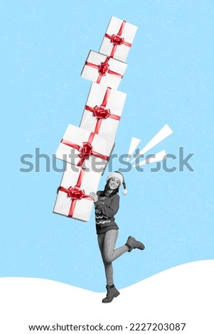 Vertical collage picture of cheerful positive girl black white colors hands hold pile stack giftbox isolated on painted background