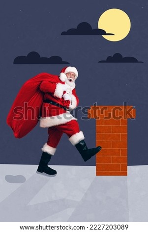 Vertical collage picture of amazed funky grandfather santa walk house roof carry big present bag isolated on creative midnight background