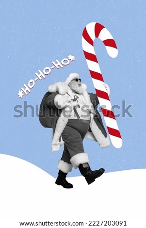 Vertical collage picture of funky aged santa black white effect walk hold presents sack big candy stick ho-ho-ho isolated on drawing background