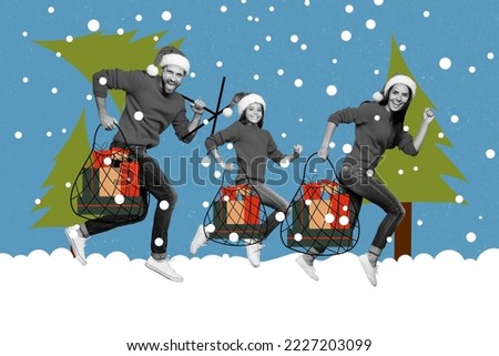Exclusive magazine picture sketch image of smiling funny family running xmas gifts shopping isolated painting background