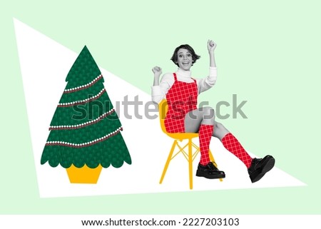 Creative collage picture of delighted girl black white gamma sit chair raise fists success luck drawing newyear tree