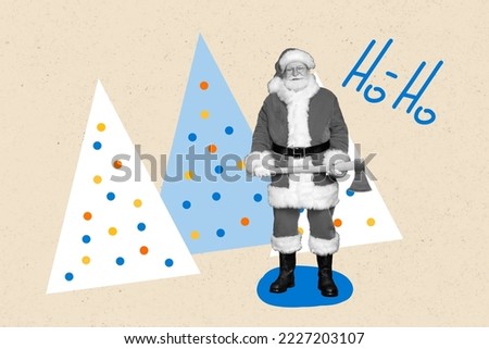 Creative collage picture of black white effect grandfather santa hold ax ho-ho text isolated on drawing background