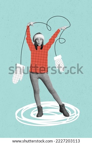Vertical collage picture of amazed girl black white gamma pouted lips pointing fingers hold drawing gloves isolated on creative background
