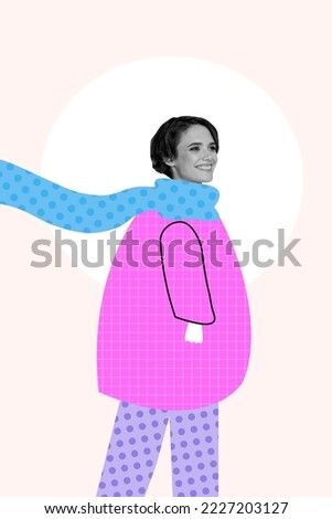 Vertical collage image of positive cheerful girl black white colors painted warm clothes isolated on creative background