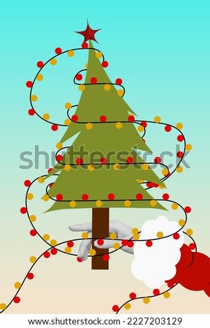 Collage artwork graphics picture of arms rising holding xmas pine decorating garland isolated painting background