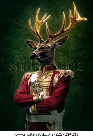 Deer in ancient clothes with shiny antlers. Military man in a suit with a deer head. Graphic concept in vintage style.