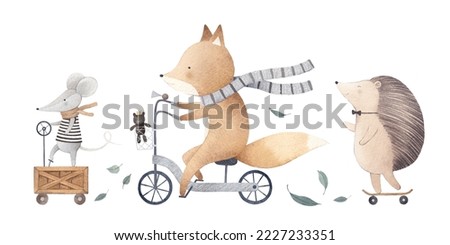 Watercolor illustration. A mouse in a wooden car, a fox on a bicycle, a hedgehog on a skateboard. Animal friends go on an adventure. Watercolor set. Baby postcard.