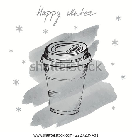 
Greeting card with coffee glass sketch drawing, happy winter lettering, watercolor silver strokes and silver glitter snowflakes