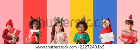 Collage with cute children with Christmas gifts on color background