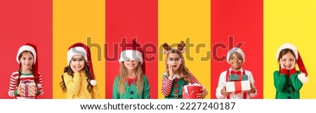 Collage with cute children in Christmas  costumes on color background