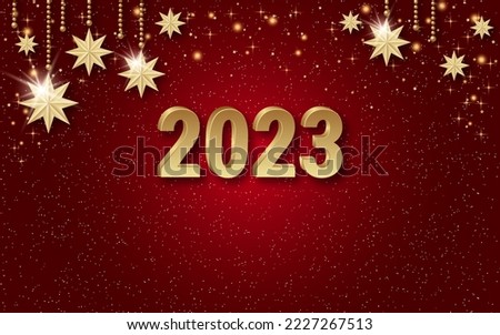 Christmas and New Year 2023 red luxury vector background with golden stars and winter decor