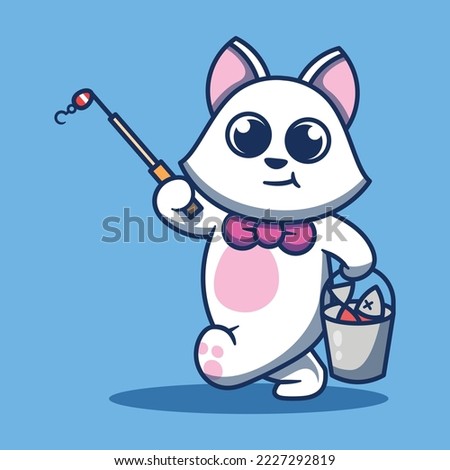 Cute white cat going fishing vector illustration. Pet mascot.
