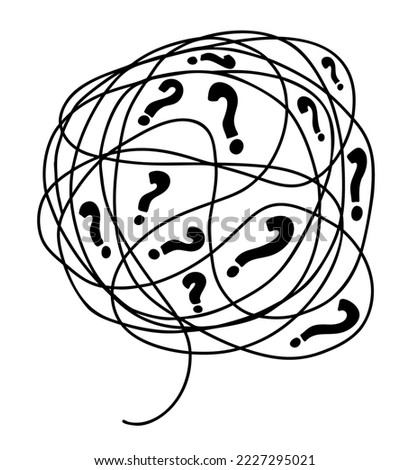 Big tangle of bubbles of confused thoughts with question marks. Vector linear drawing doodle. Psychological concept of problem solving. Royalty-Free Stock Photo #2227295021