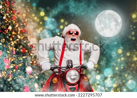 Collage creative picture of excited overjoyed funky grandfather santa driving moped bike full moon newyear magic decoration