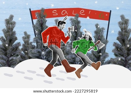 Exclusive magazine picture sketch image of funny excited couple walking forest cutting xmas pine isolated painting background