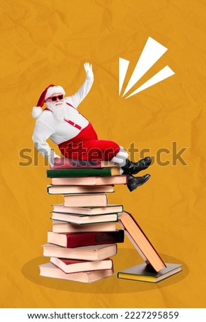 Vertical collage picture of mini grandfather santa sitting big pile stack book arm waving isolated on yellow background