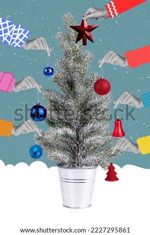 Exclusive magazine picture sketch image of arms decorating together baubles xmas pine isolated painting background