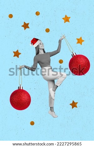 Vertical collage image of cheerful positive girl black white colors hands hold big red baubles balls isolated on creative stars background