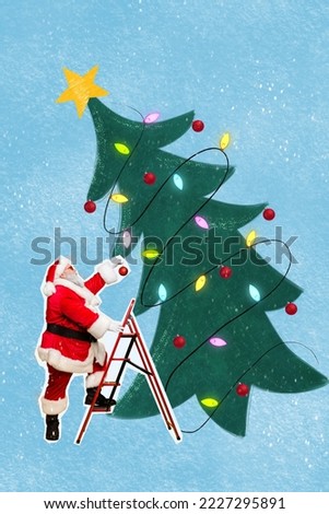 Vertical creative photo collage illustration of positive santa claus decorates christmas tree isolated on snowflakes blue color background
