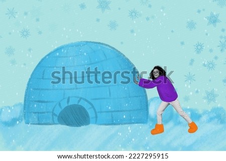 Creative collage image of excited girl black white gamma hands push ice house igloo isolated on drawing snowy background
