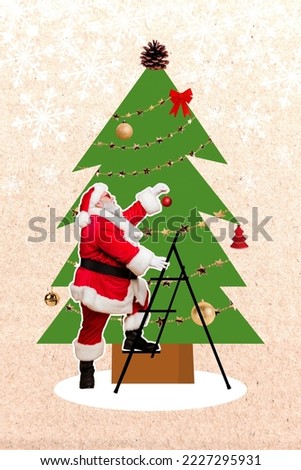 Vertical creative photo collage illustration of positive good mood santa claus decorates christmas tree isolated on blue color background