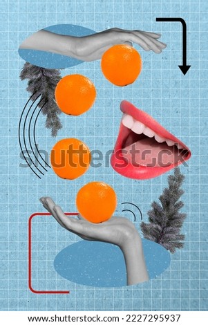 Photo artwork minimal picture of arms mouth enjoying fresh x-mas citrus taste isolated drawing background
