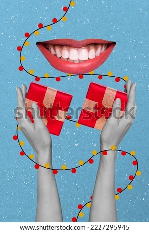 Photo artwork minimal picture of smiling mouth arms packing garland x-mas presents isolated drawing background
