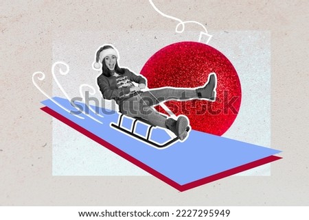 Photo sketch graphics artwork picture of funky smiling lady riding sledge enjoying x-mas entertainments isolated drawing background