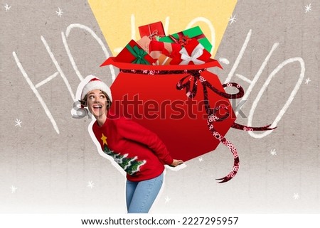 Photo artwork minimal picture of impressed funny holding back big huge x-mas gifts sack isolated drawing background