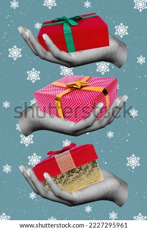Collage 3d image of pinup pop retro sketch of arms choosing packing xmas presents isolated painting background