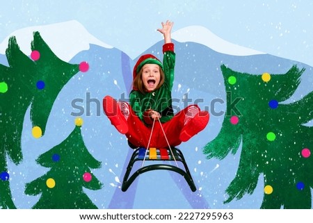 Creative photo collage illustration of ecstatic impressed funny positive elf sledging having fun raise hand mountains on background