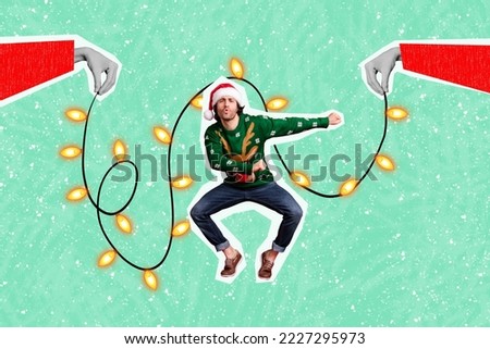 Creative photo collage 3d illustration of funny funky positive good mood guy dancing arms hold garland on snowy blue color background