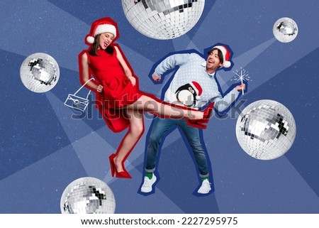 Creative 3d photo artwork graphics painting of funky funny lady guy having fun x-mas disco balls isolated drawing background
