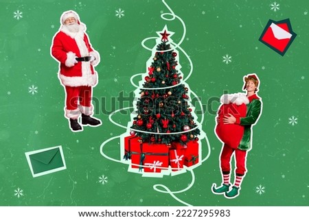 Creative photo collage illustration of good mood positive santa elf hold bag put presents under tree isolated on blue color background