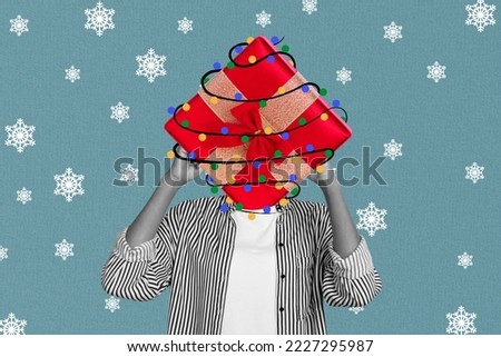 Photo cartoon comics sketch picture of funny funky person xmas present instead of head tangled garland isolated drawing background