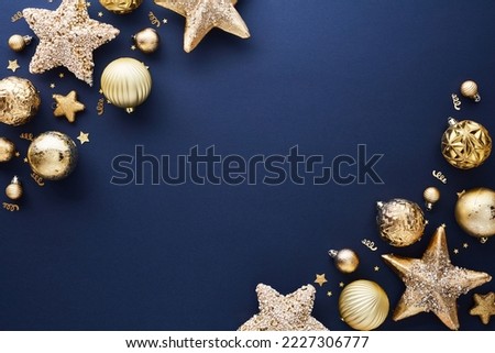 Modern Blue Christmas background with gold stars, balls, confetti. Elegant Christmas greeting card design, Happy New Year banner mockup Royalty-Free Stock Photo #2227306777