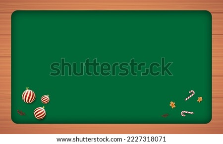 Merry Christmas holiday and happy new year and empty frame on a wood background. Merry Christmas with Christmas ball and candy. Christmas and new year background. Vector illustration.