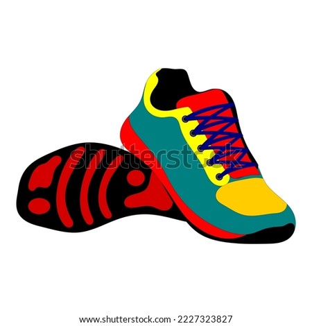 Running green, red and yellow shoes isolated on white background. Bright Sport sneakers symbol. Vector illustration.
