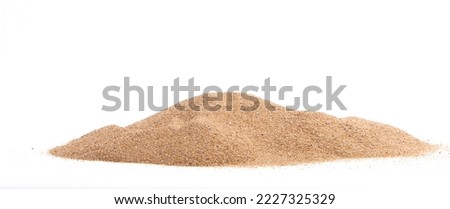 Desert sand pile, dune isolated white background. Gold White fine Sands on Beach island, destination of tropical ocean. Studio shot for detail texture, copy space top view