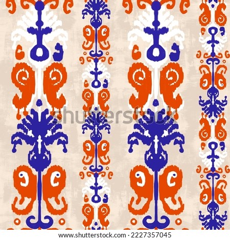 Hand Drawn Ikat tribal Indian Seamless Pattern Ethnic Aztec Fabric Carpet Ornament Geometric African American Oriental Traditional Drawings Embroidery Style Dress Skirt Shawl Jacket Wallpaper Carpet
