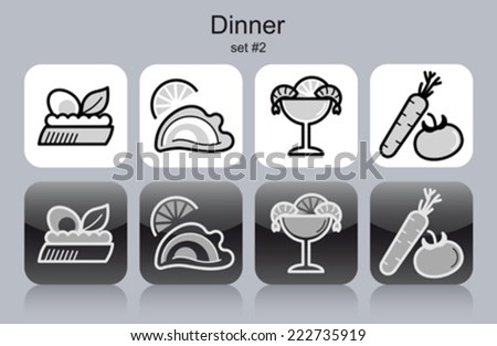 Dinner menu food and drink icons. Set of editable vector monochrome illustrations.