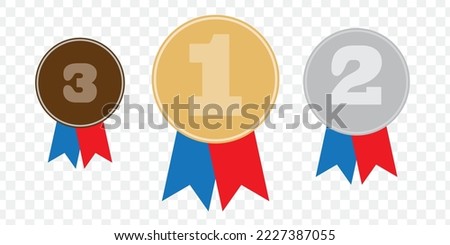 Gold, silver and bronze medals with blue ribbon flat vector icons for sports apps and websites