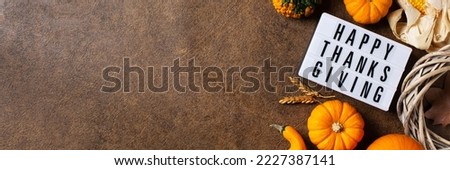 Autumn fall thanksgiving day composition with decorative pumpkins, banner