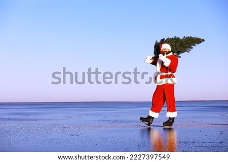 Santa Claus hurries to meet the New Year with gifts and Christmas tree. Santa Claus on ice skates go to Christmas.