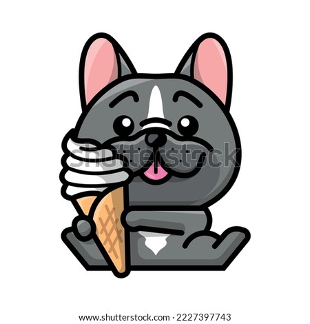 A CUTE FRENCH BULLDOG IS HOLDING A CONE OF ICE CREAM CARTOON ILLUSTRATION