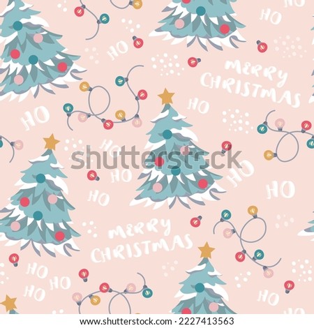 Seamless christmas pattern christmas tree and inscription merry christmas