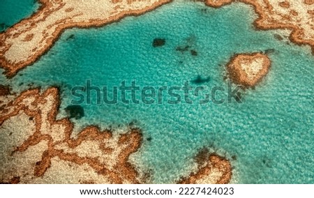 Queensland coral reef as seen from the airplane, aerial view on a sunny day with Heart Reef
