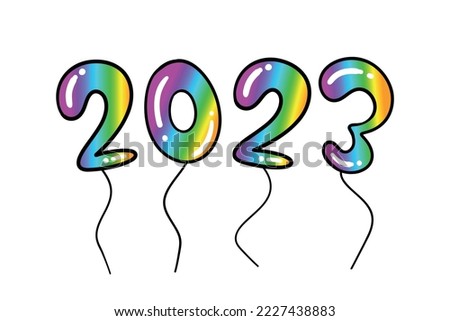2023 New Year Colorful Balloons Numbers Design. Vector 2023 Year Outline Numbers Design with Cool Colorful Helium puffy balloons. Happy New Year Card Template. Isolated Design Element.